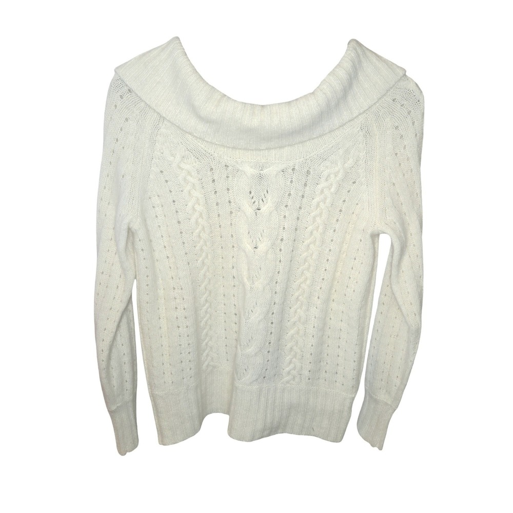 Banana Republic Sweater Womens S Ivory Angora Lambswool Cable Knit Off Shoulder